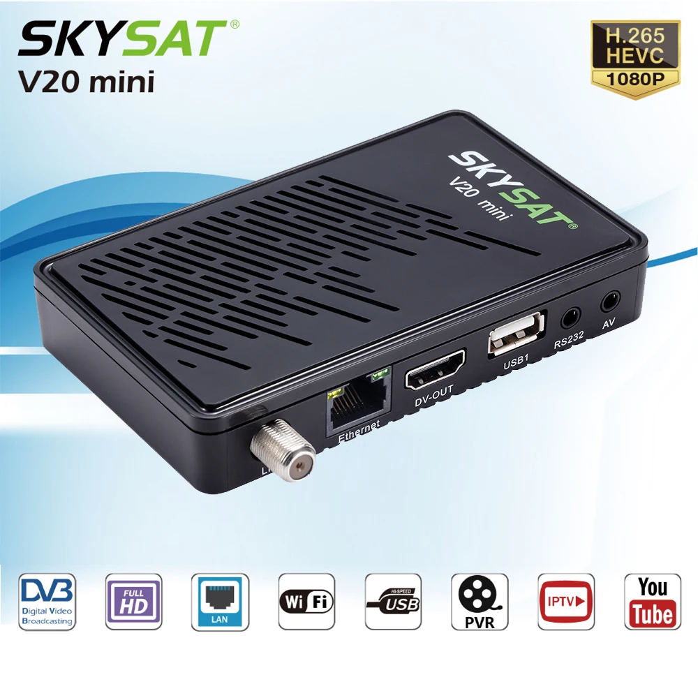 SKYSAT V20 мини DVB-S2 спутниковый ресивер RJ45 H.265 Поддержка CCCam Newcam Xtream IPTV m3u Youtube Автомагнитола Powervu Biss рецептор