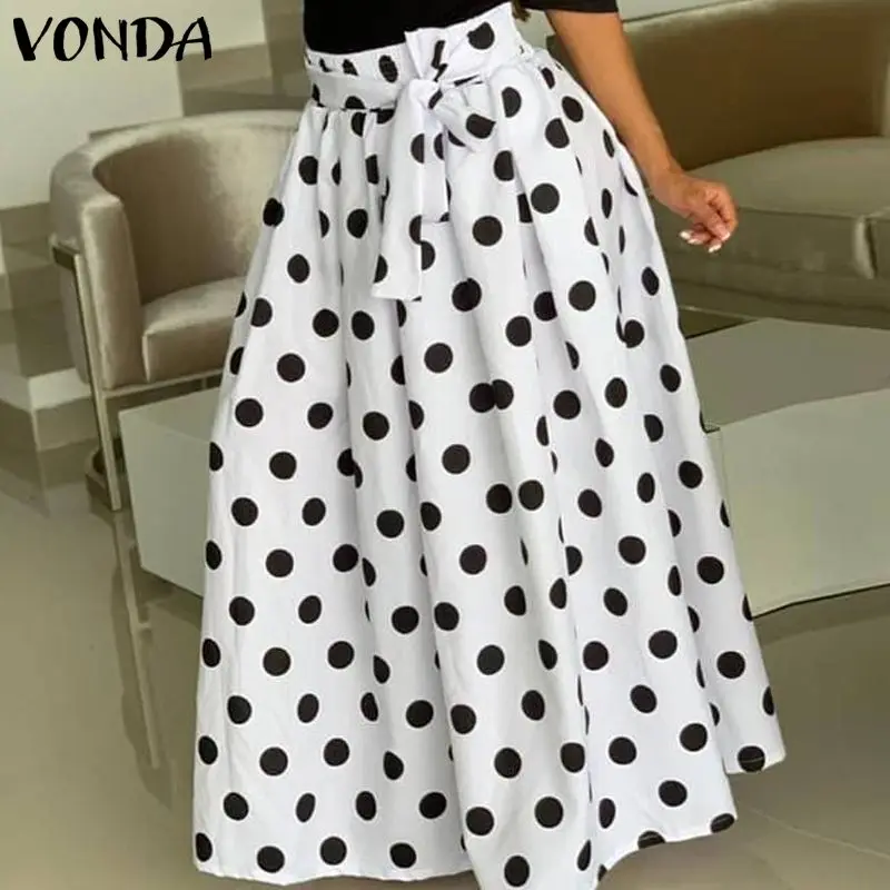 

VONDA Women Skirts Summer High Waist Polka Dot Print Pleated Long Skirts Bohemian Skirts De Mujer Beach Streetwears