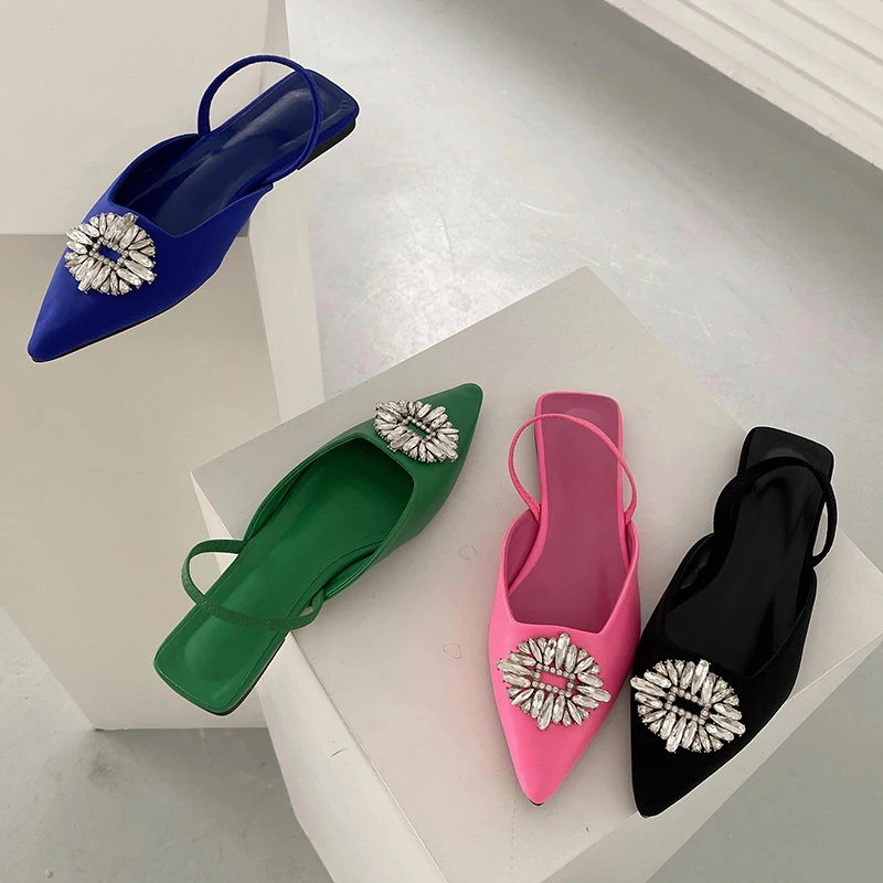

Fashion Women Sandals Flats Heeled Rhinestone Crystal Buckle Back Strap Pointed Toe Black Pink Green Blue Elegant Party Sandals