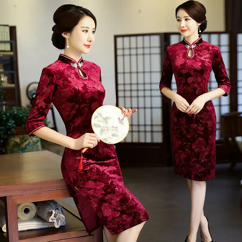 Cheongsam 2017 велюровое платье Ципао с принтом винтажное модное улучшенное осеннее