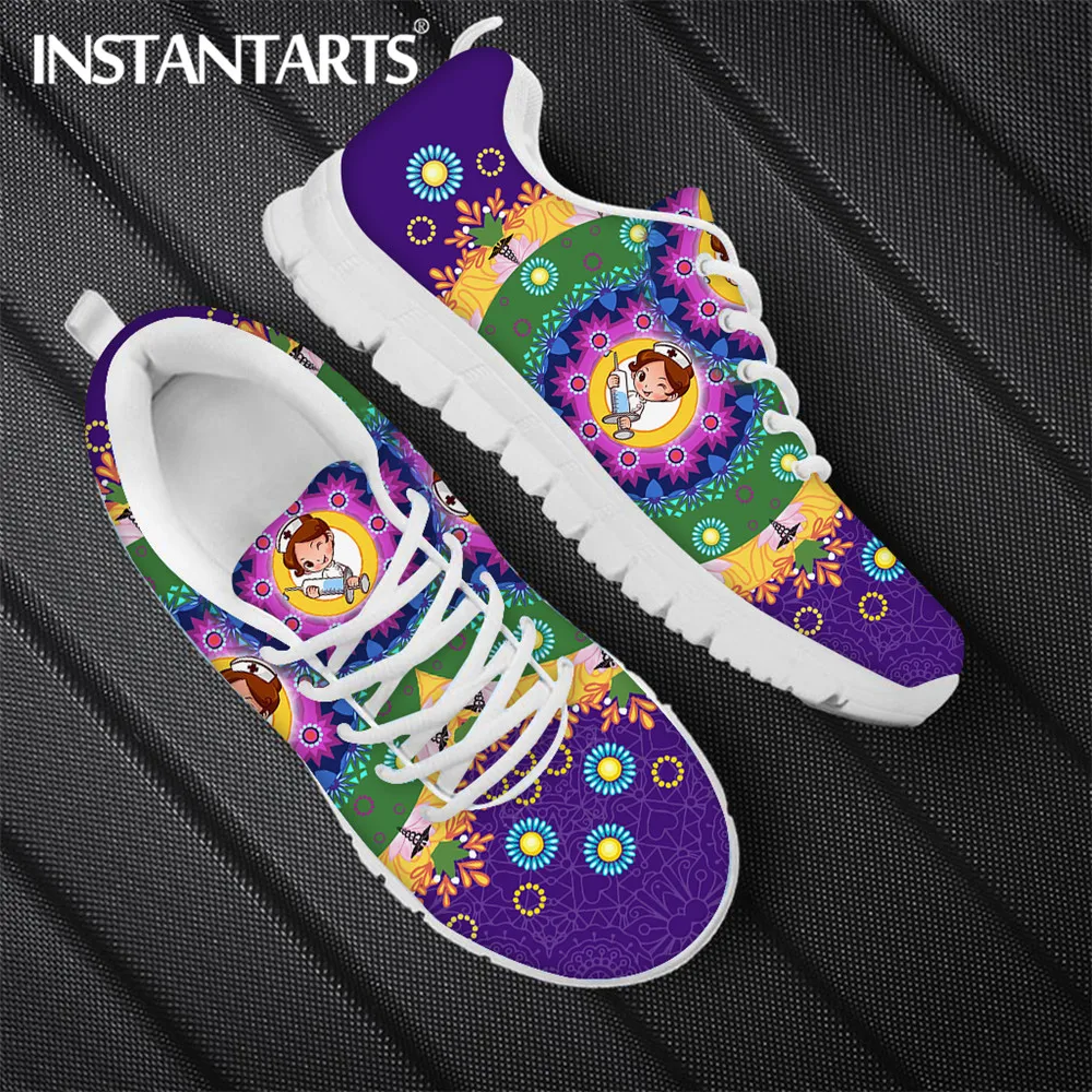 

INSTANTARTS Mesh Nursing Medical Shoes Flats Footwear Premium Physio Cartoon Nurse Boho Floral Brand Design Lace Up Sneakers