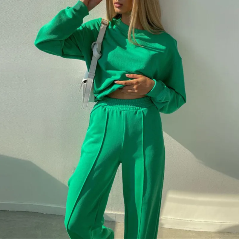 

Женские однотонные повседневные брючные костюмы из двух предметов, свободные толстовки с длинным рукавом и широкие брюки, комплекты 2021, пов...