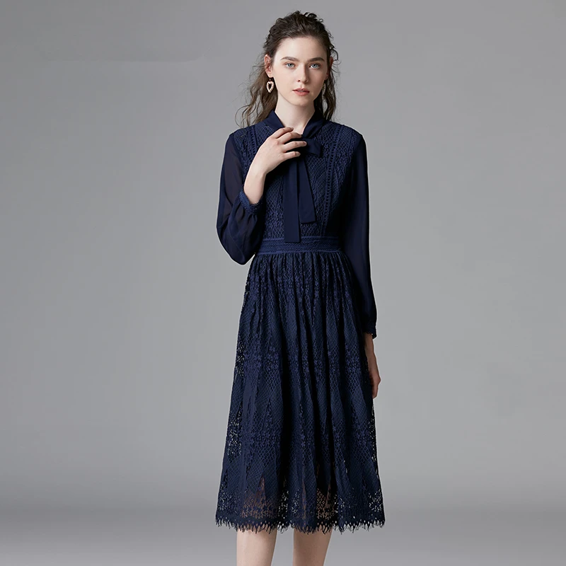 Женское длинное кружевное платье повседневное синее большого размера 5XL с