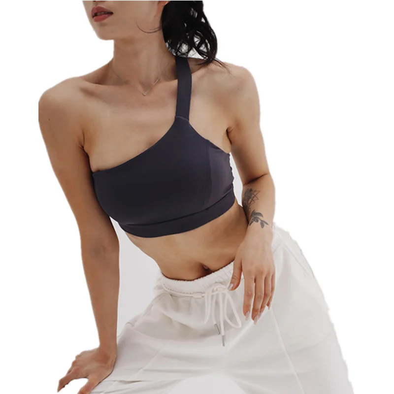 

Slanted Shoulder Hollow Yoga Bra Gym Running Tops Shockproof Gather Tube Top Fitness Sport Bras Quick Dry Sexy Back Workout Bras