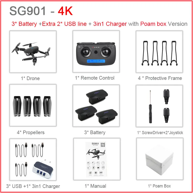 SG901 RC селфи Дрон 4k 1080P HD Двойная камера Складная следуя за мной FPV Профессиональный Дрон долгое время Летающий вертолет детские игрушки - Цвет: 3Battery4KFoam
