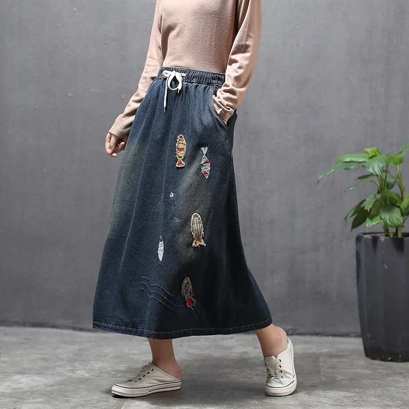 Осенне-зимняя юбка ретро Женская джинсовая с эластичной резинкой на талии 2019