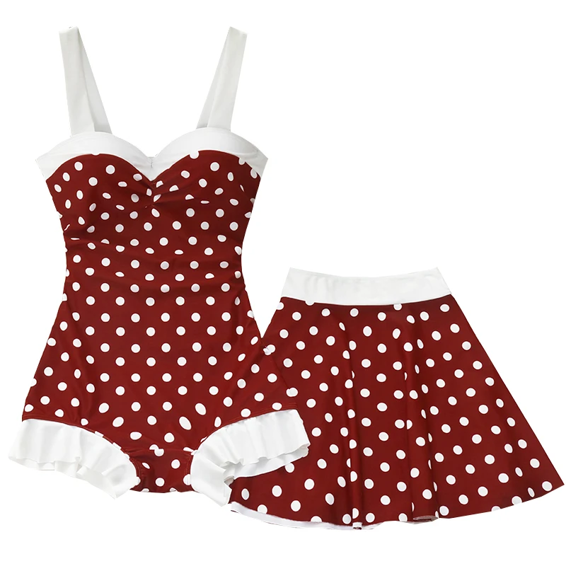 

2021 New Women Retro Red Dot One Piece Swimsuit Skirt Bathing Suit Swimming Beach Wear Summer Ladies Sexy Swim Suits Swimwear