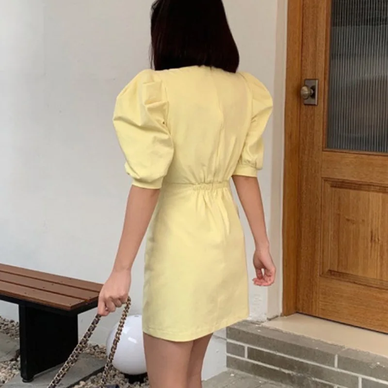 

Korean Chic Retro Summer Dress Woman Square Collar Bubble Sleeve Party Mini Dress Women A Line High Waist Dresses Vestidos 15590