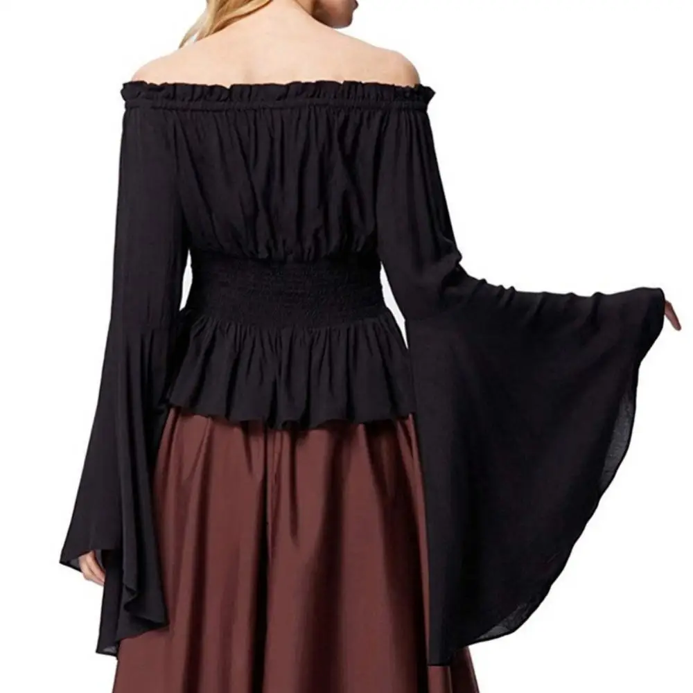

Women Medieval Renaissance Solid Color Bell Sleeve Ruffled Off Shoulder Blouse