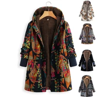 women vintage loose hooded coat floral printed fleeces lining buttoned big size winter warm parka casual outerwear windbreaker
