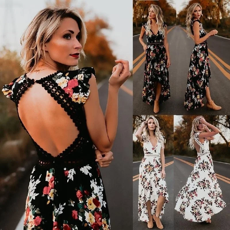 

ZOGAA Boho Backless Floral Printed Hollow Out Women Summer Dress 2020 Black White V Neck Lace Maxi Long Evening Party Vestidos
