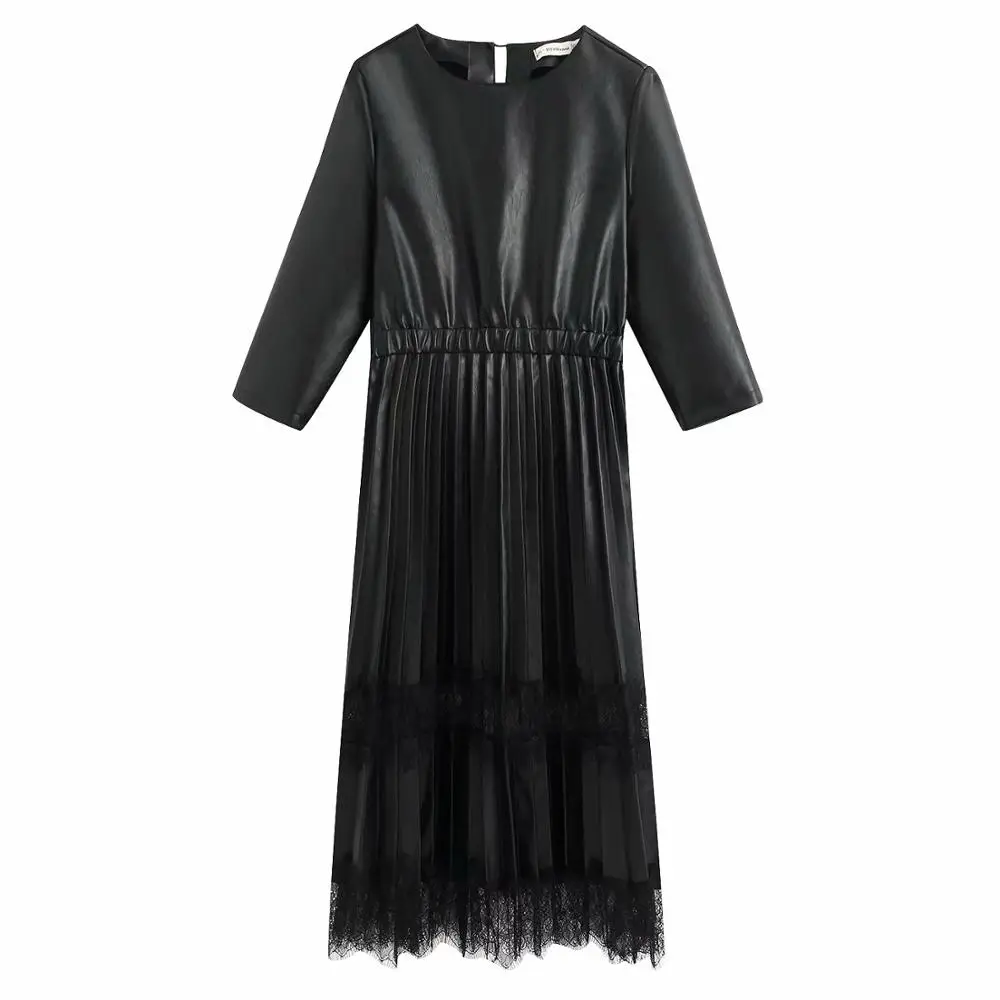 

Vintage Lace Patchwork Pu Leather Women Dress Ladies Three Quarter Sleeve Pleated Midi Dresses Fashion Elastic Waist Long Dress