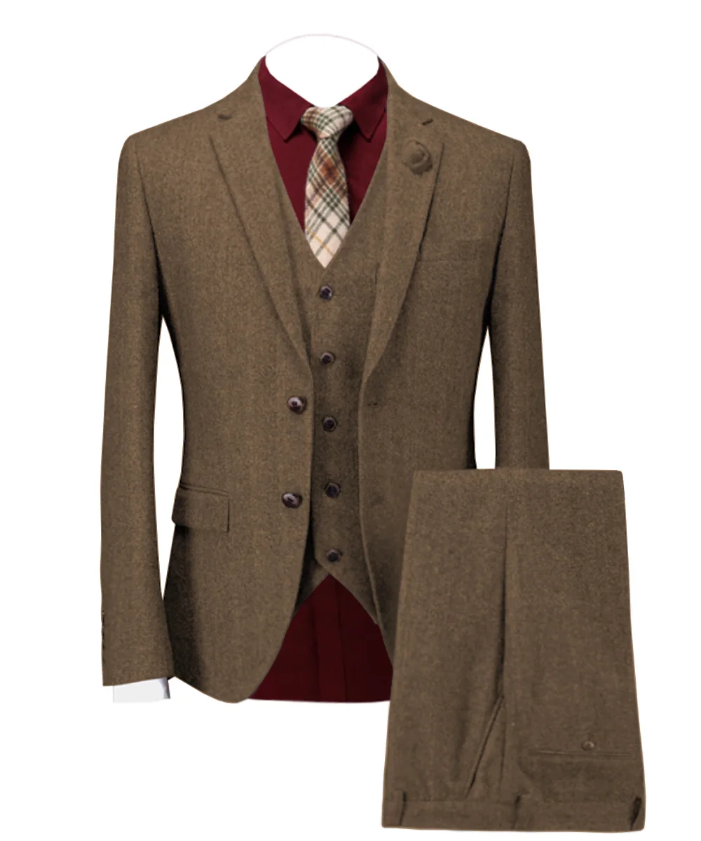 Jaqueta para Noivos de Casamento Tweed Masculino Peças Terno Casual Blazer Formatura Marrom Smoking Verde Xale Lapela Jantar Festa lã 3