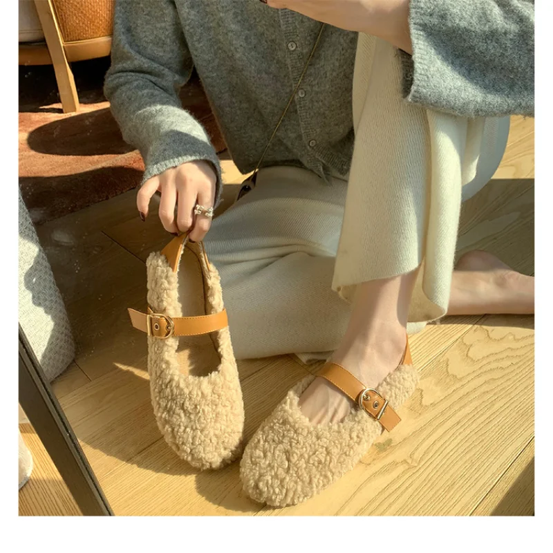 

Women Flat Shoes Women Fur Shoes Plus Velvet Solid Color Asakuchi Flat Add Cotton Round Shape Keep Warm Non Slip Flats Shoes