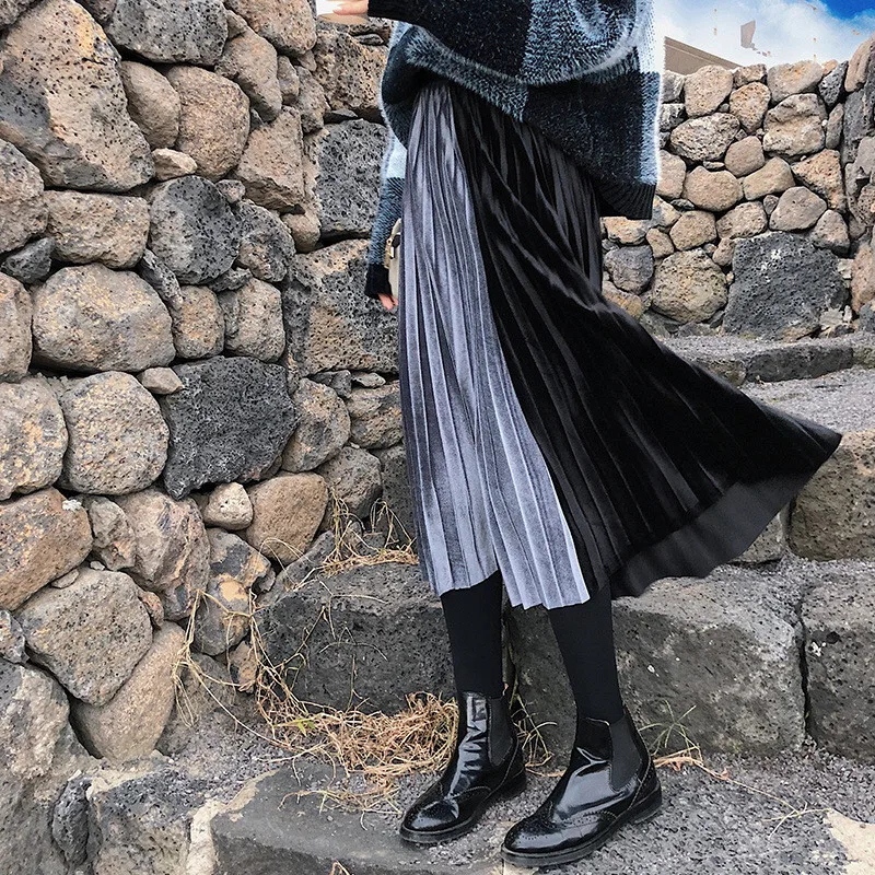Женская юбка плиссированная бархатная осенне зимняя с высокой талией в стиле