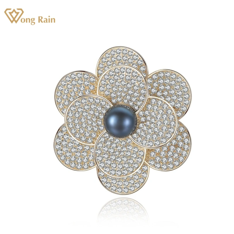 

Wong Rain 925 пробы, серебряная, созданная Moissanite, черный жемчуг, драгоценный камень, юбилей, цветы, брошь, офисные броши, ювелирные украшения