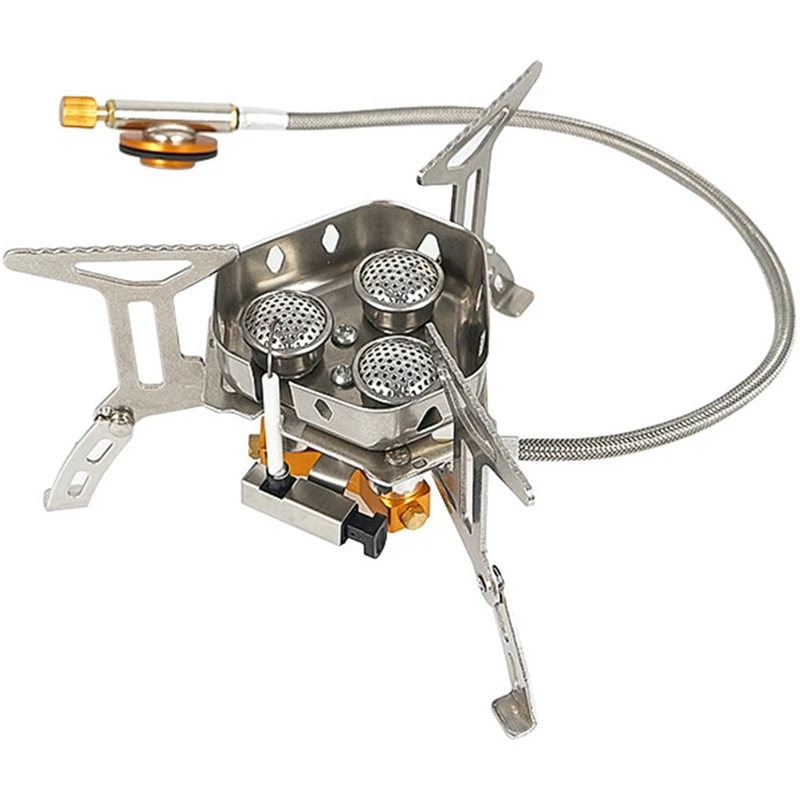 

Top!-5800W High Power Camping Stove Portable Three Core Head Camp Stove with Steel Braided Hose Windproof Gas Stove Burner