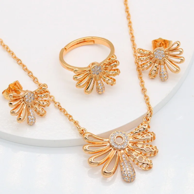 

New Design Gold Plated Jewelry Sets for Women Micro Pave Zircon Stud Earrings Necklace Pendant Open Ring