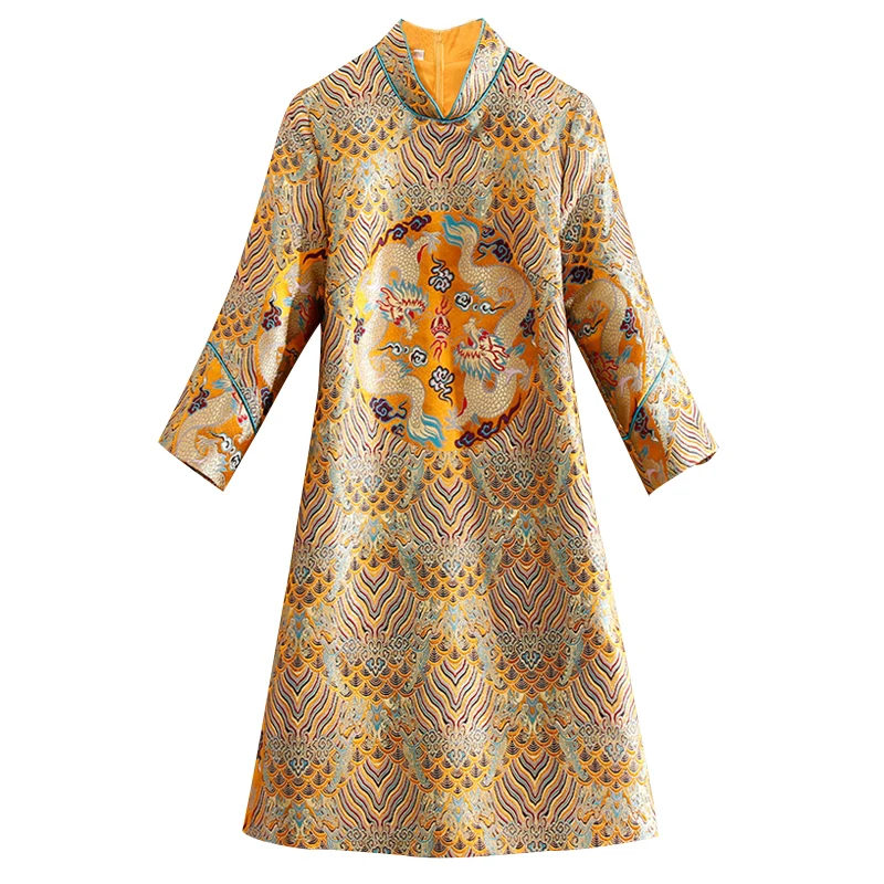 Женское жаккардовое платье-Чонсам с драконами высокого качества на весну и осень