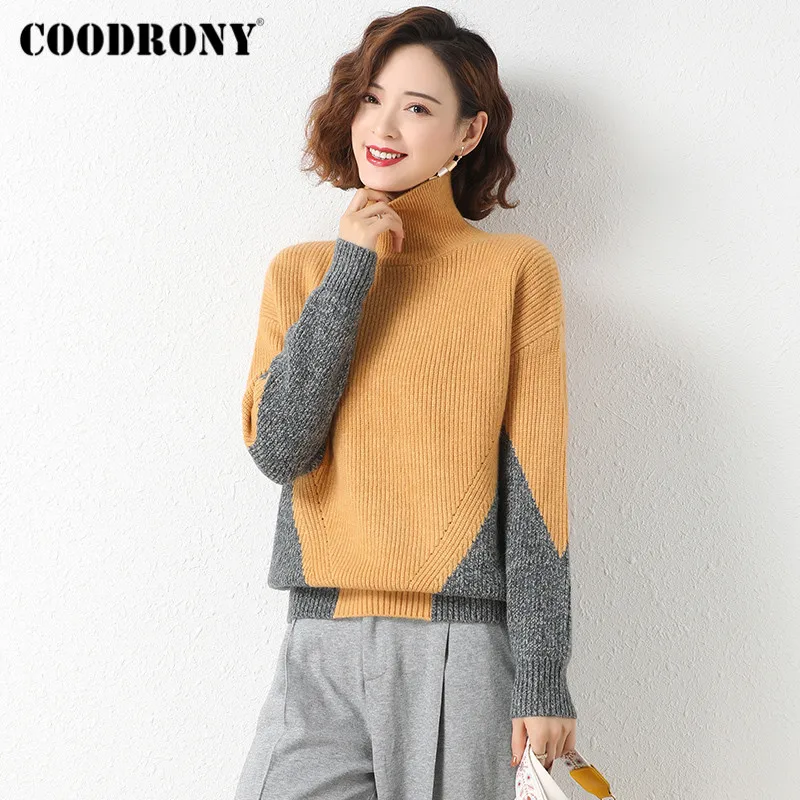 

COODRONY Brand Streetwear Fashion Knitted Female Warm Jumpers Winter New Patchwork Color Turtleneck Slim Sweaters Women W1222