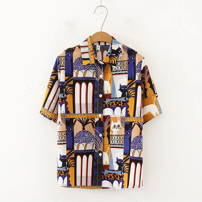 

Summer Office Lady Shirt Vintage Cartoon Print Women Blouse Fashion Wild Colorblock Lapel Short Sleeve Casual Tops