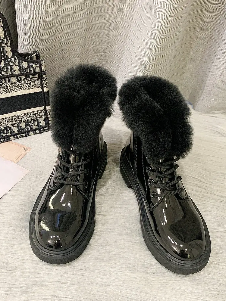 

EshtonShero Winter Shoes WomanLeather Lace Up Ankle Boots Flat Heel Round Toe Platform Casual All Match Snow Boots Size4-9