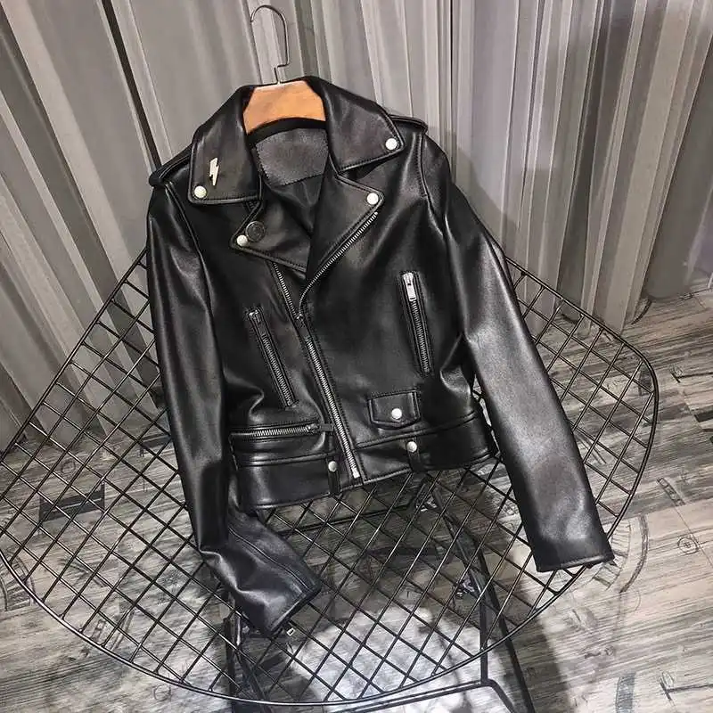 

Women Leather Natural Lambskin Leather Bomber Biker Jacket Long Sleeves 100% Sheepskin Leather Coat H77