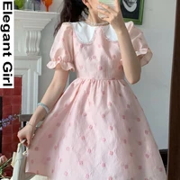 women short sleeve sweet mini dress summer pink elegant floral dress designer female high waist casual chic party cute clothing