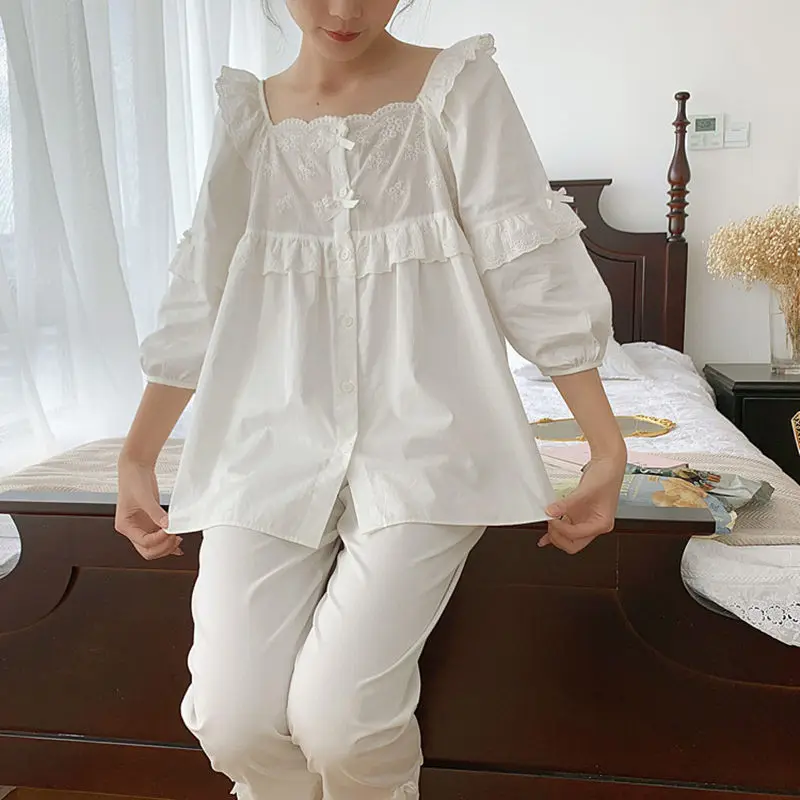 

Spring Pure Cotton Full Sleeves Nightwear Square Collar Pajamas White Full Pants Sleepwear Two Pieces Pyjama Sets For Girls 2021
