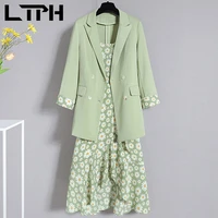 ltph green floral dress suits plus size clothes 2 piece set women thin blazer inside sleeveless midi dresses 2021 summer new