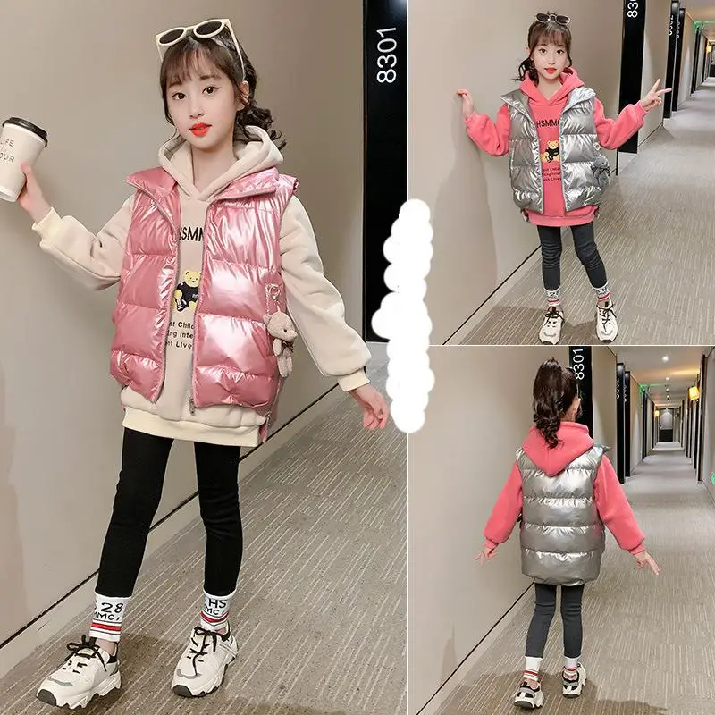 

Girls Sleeveless Vest 2021 Winter New Korean Fashion Children Jacket Outerwear Thick Waterproof Warm Vest Pink Silver 6 8 10 12Y