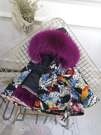 Black Purple Fur Детская зимняя куртка с отделкой из меха, пальто для мальчиков и девочек утепленное пальто из меха кролика с граффити, Детская меховая куртка для девочек, TZ147 - Цвет: Black Purple Fur