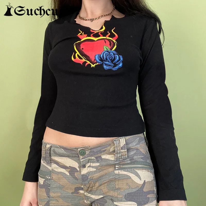 

SUCHCUTE Gothic Print Women Black T-shirts Vintage Casual Aesthetic Crop Top Long Sleeve O Neck Slim Streetwear E Girl Tee Shirt