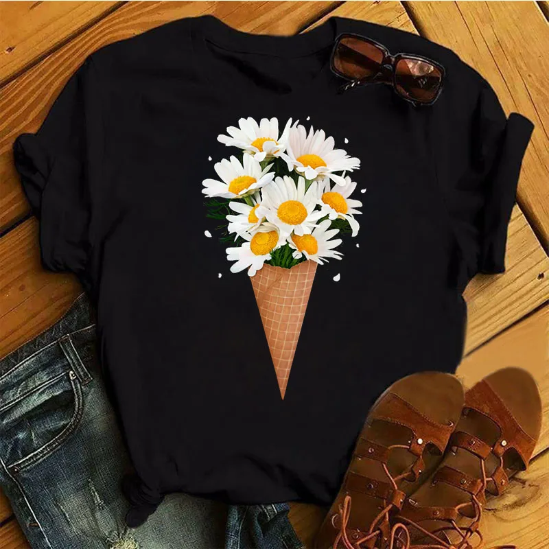 

Cute Flower Printed T Shirt Women Black T Shirt Fashion Female Causal Tops Harajuku Ladies Graphic Tee Shirts Clothes
