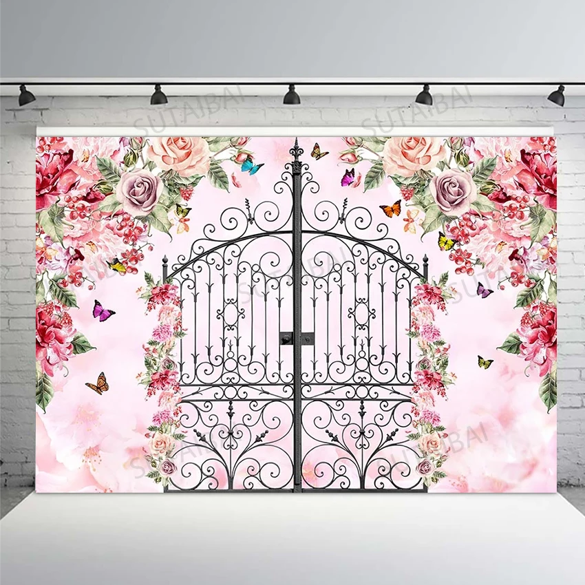

Butterfly Flower Backdrop Iron Door Decoration Newborn Baby Shower Photography Backdrop Photo Background Studio Booth Banner
