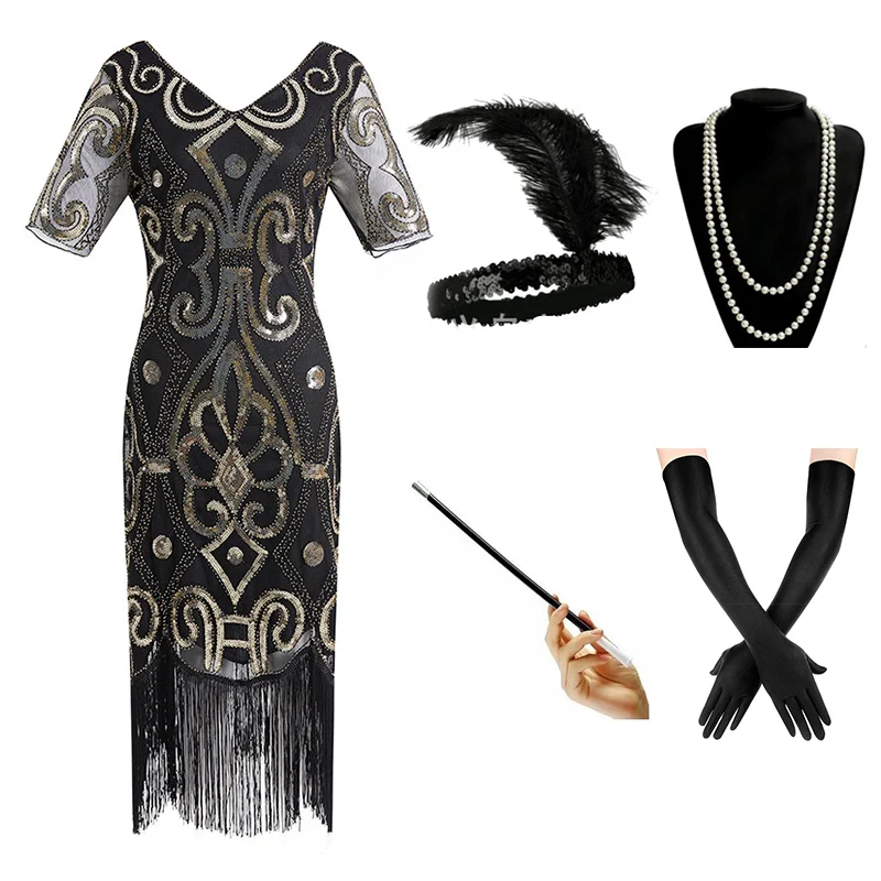 Black Gold Set 1920s платье Гэтсби с Блестками, Бисером, бахромой и Пейсли, винтажное платье, v-образный вырез, 20 s, вечерние аксессуары - Цвет: Black Gold Set