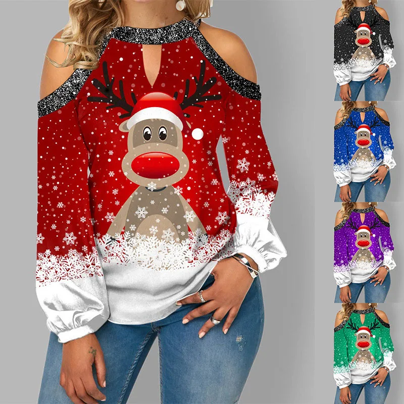 

Christmas Women's T-shirt Elk Print Off-shoulder 2021 Lantern Sleeve Long Sleeve T-shirts Sequined Round Neck Women's Clothing