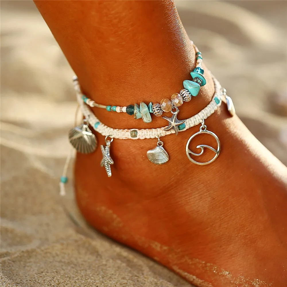 Boho, Океанский пляж, морская раковина, каури, браслет на лодыжку, многослойный, бисер, регулируемая струна, макраме, Мидия, морская раковина, ножные браслеты для женщин