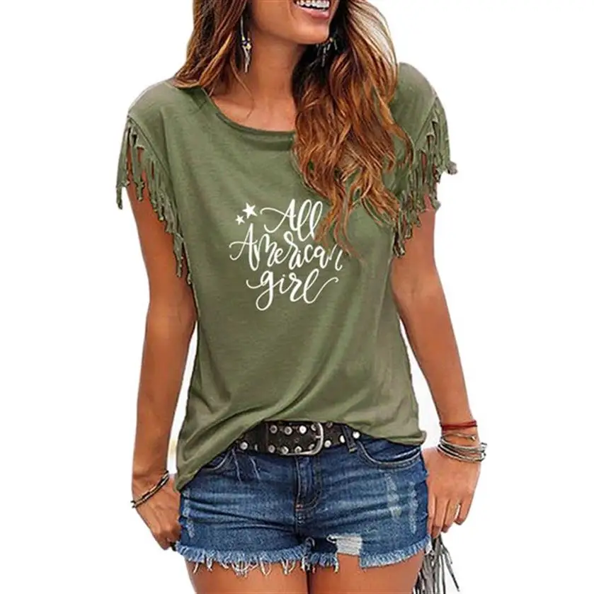 

Khaki Women Tassel T-Shirt Harajuku Plus Size T-shirt Summer Young Girls O-neck Streetwear Casual Tops T-Shirt