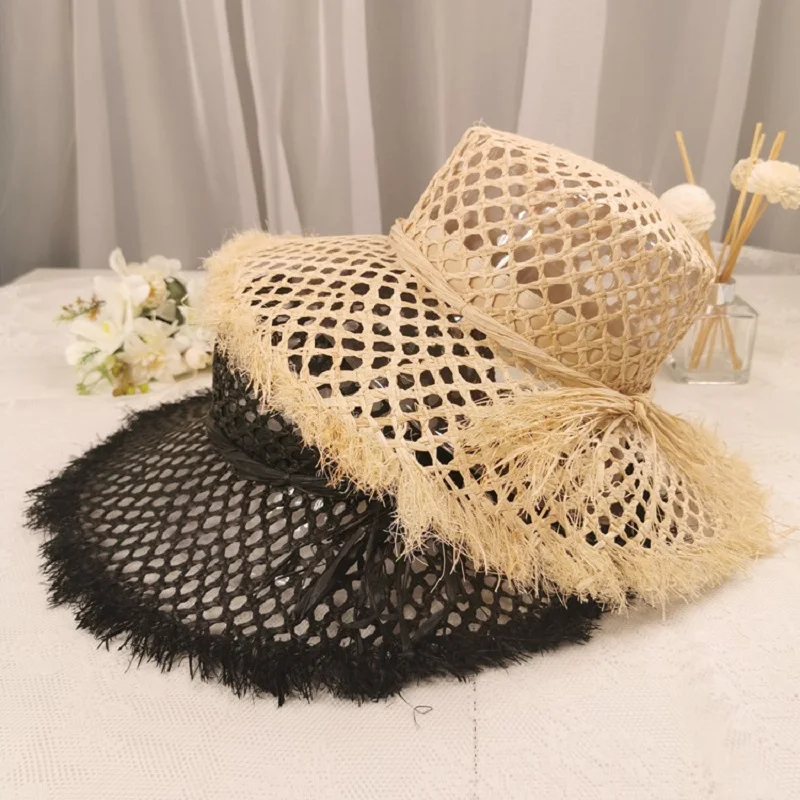 

2021 New Retro Hollow Raffia Bowknot Flat Top Straw Hat Original Eaves Sun Hat Female Summer Bucket Beach Hat Holiday Hat