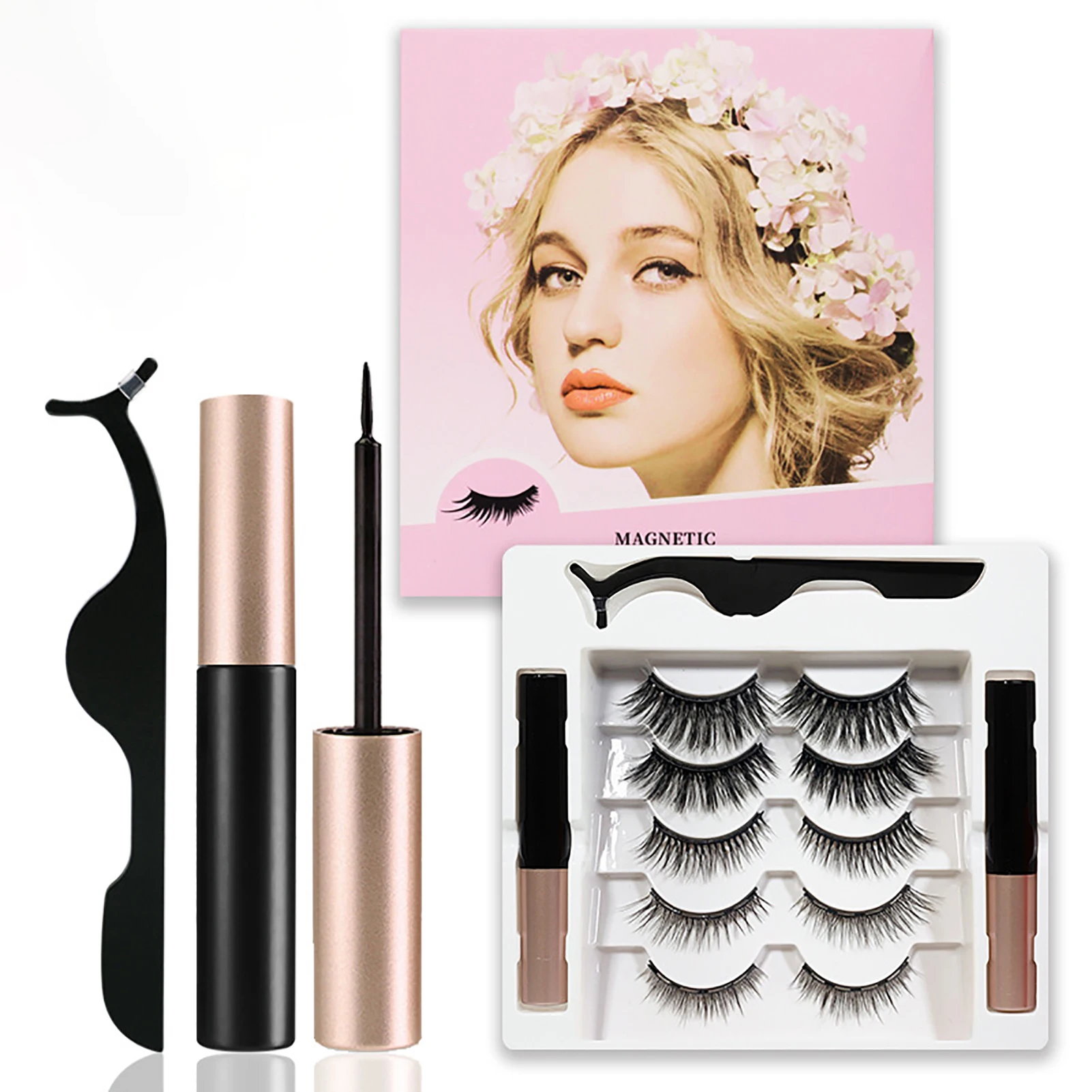 

5 Pairs 3D Magnetic Eyelashes With 2 Magnets Eyeliner And Tweezers Handmade Makeup Eyelashes Reusable False Eyelashes