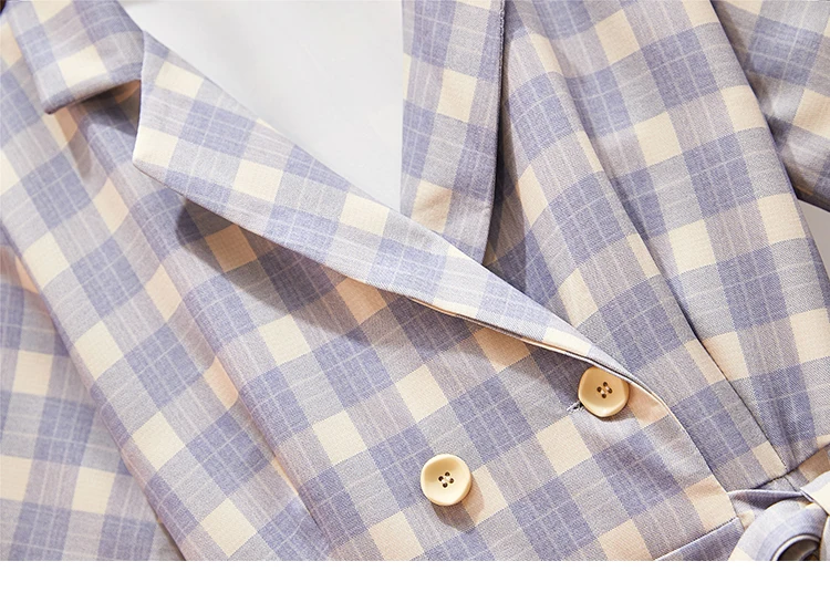 

Plus Size Women Plaid Blazer Dresses Purple Summer 2021 Notched Collar Short Sleeve Double-breasted Ladies A-Line Bow Warp Dress