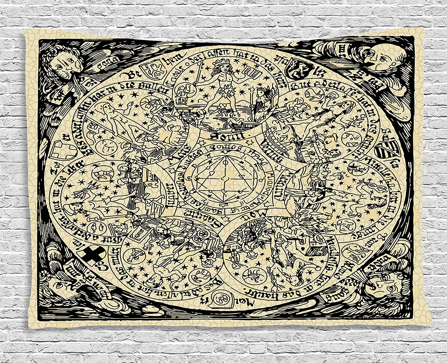 Astrology Tapestry Series of Ancient Mystic Esoteric Old Map with Man Figures Vintage Symbols Decor Wall Hanging for Dorm