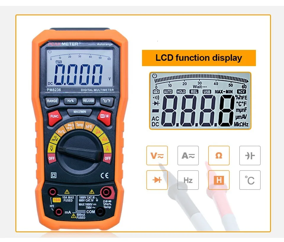 Цифровой мультиметр PEAKMETER PM8236 с автоматическим выключением с тестом температуры и регистратором данных
