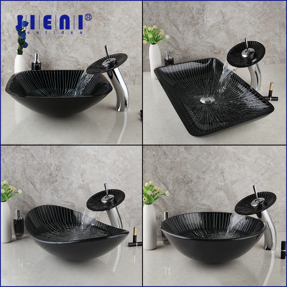 

JIENI Square Black Bathroom Sink Washbasin Bath Set Faucet Mixer Tap Art Design Tempered Glass Hand Painted Waterfall Basin Tap