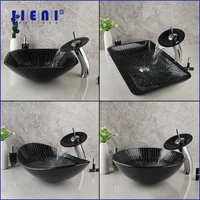 jieni square black bathroom sink washbasin bath set faucet mixer tap art design tempered glass hand painted waterfall basin tap