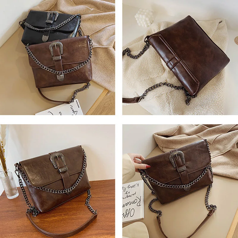 Vintage Messenger Bags Women Leather Chain Cross Body Brand Bag for Female Shoulder with Strap Buckle Brown Black | Багаж и сумки