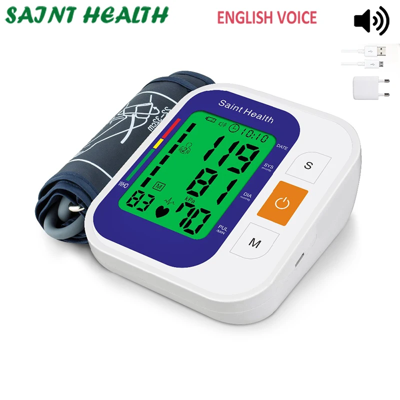 

With Voice Automatic Digital Upper Arm Blood Pressure Monitor Heart Beat Rate Pulse Meter Tonometer Sphygmomanometers pulsometer