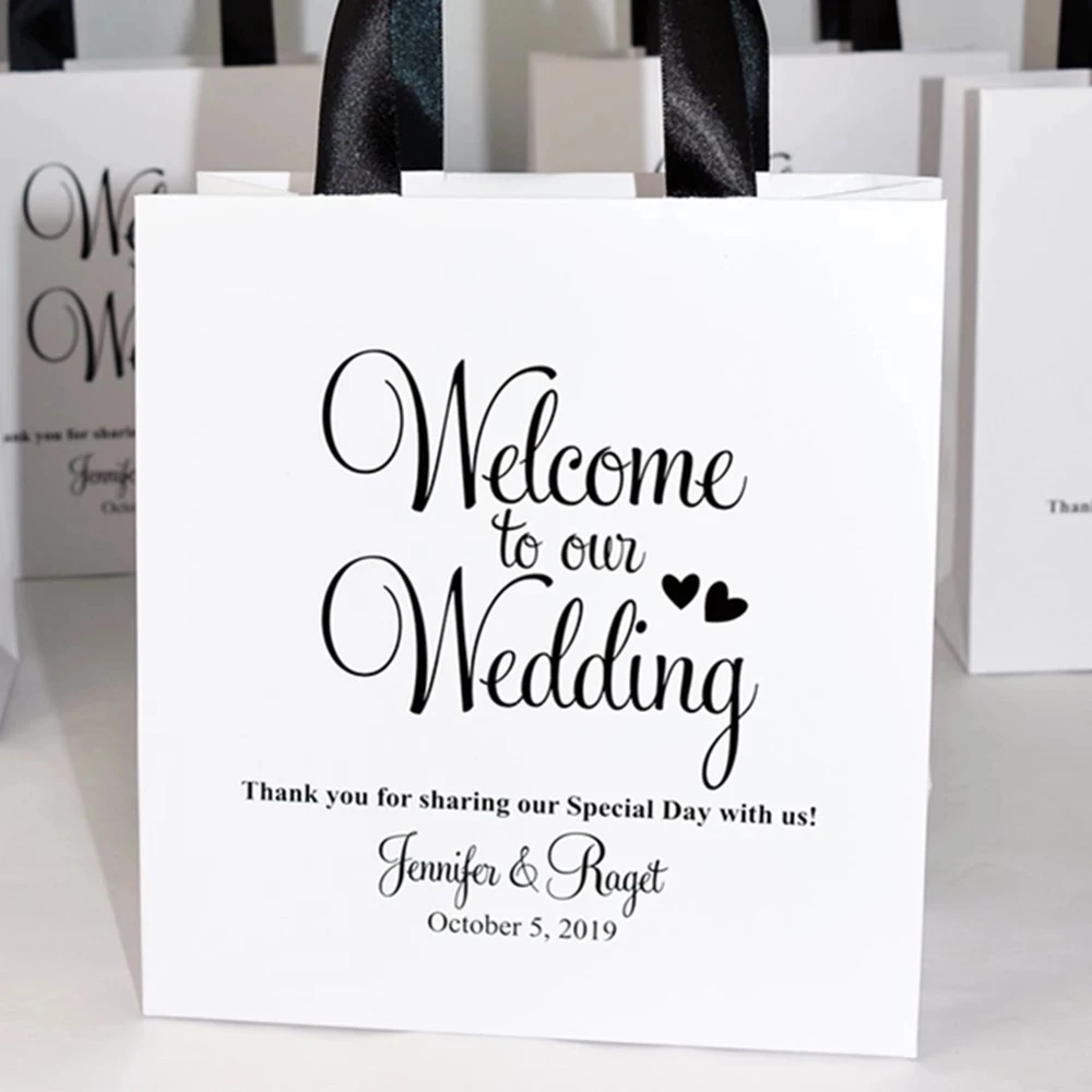 

Personalized Wedding Welcome Bags with satin ribbon and your names, cutom Elegant wedding gifts and favors for your guests