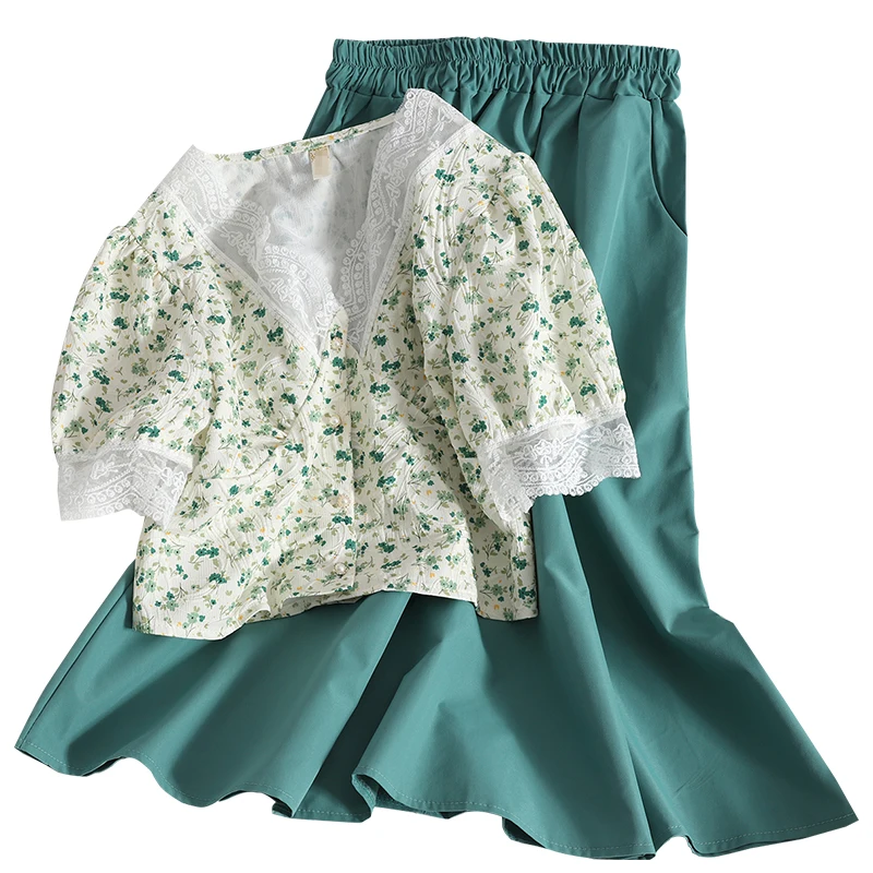 

YIZZHOY Summer New Women Sweet Lace V-neck Single-breasted Floral Blouse Elastic Waist Solid Long Skirt Ladies Two Piece Sets
